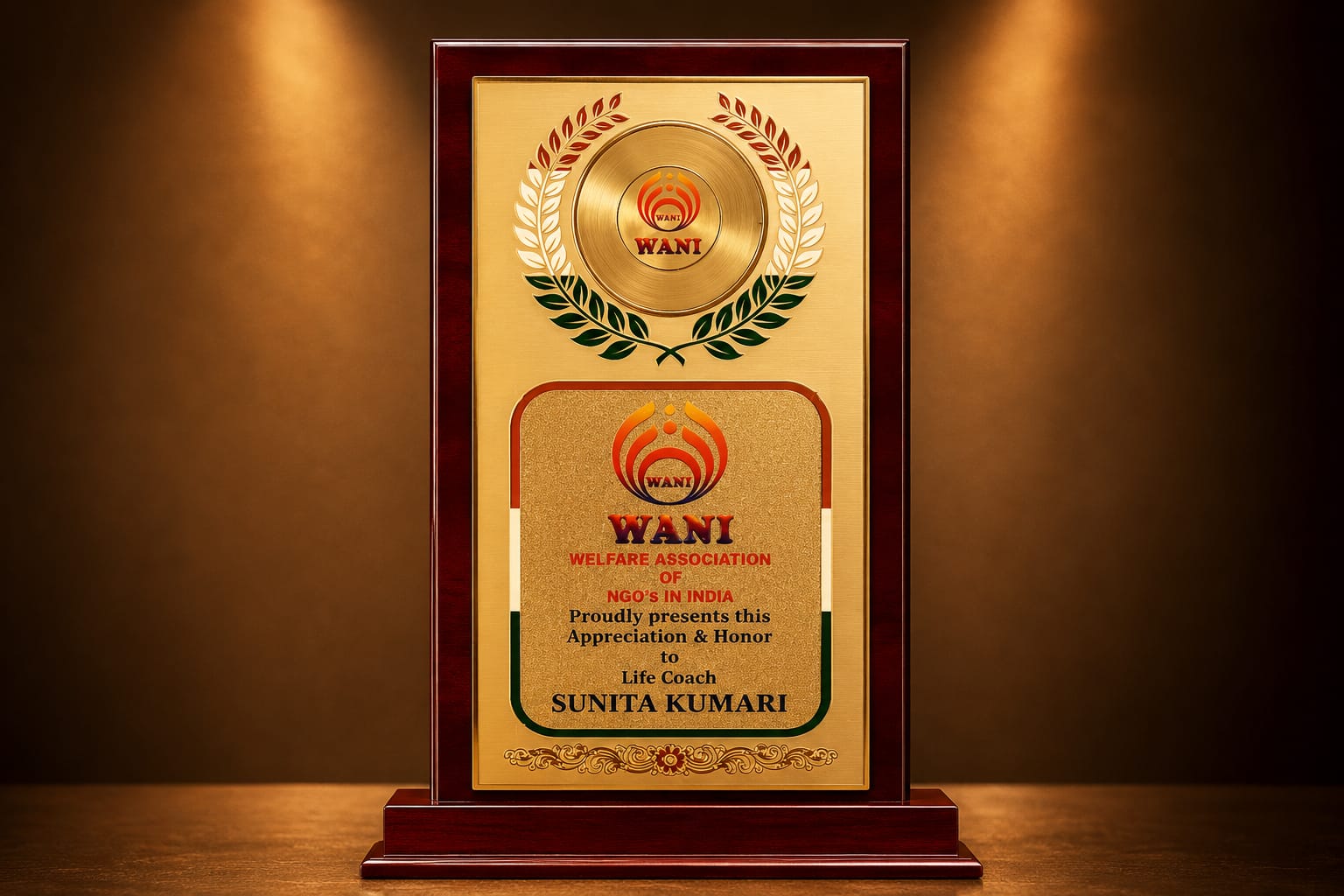 WANI appreciation and honour trophy presented to Life Coach Sunita Kumari