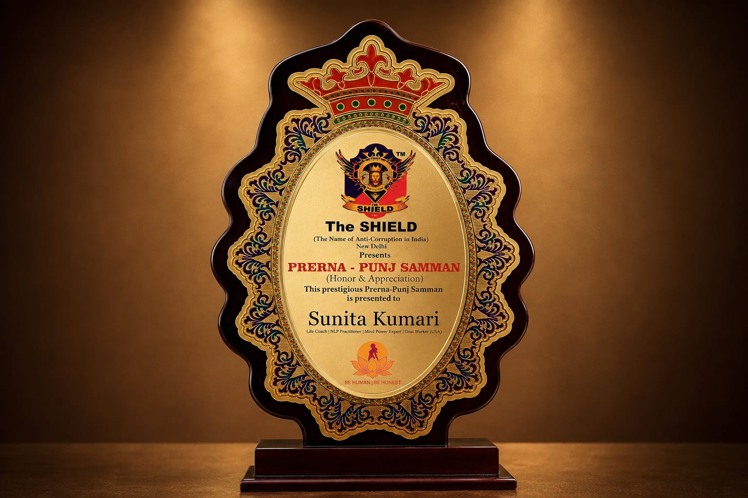 Prerna-Punj Samman shield awarded to Sunita Kumari by The SHIELD, New Delhi
