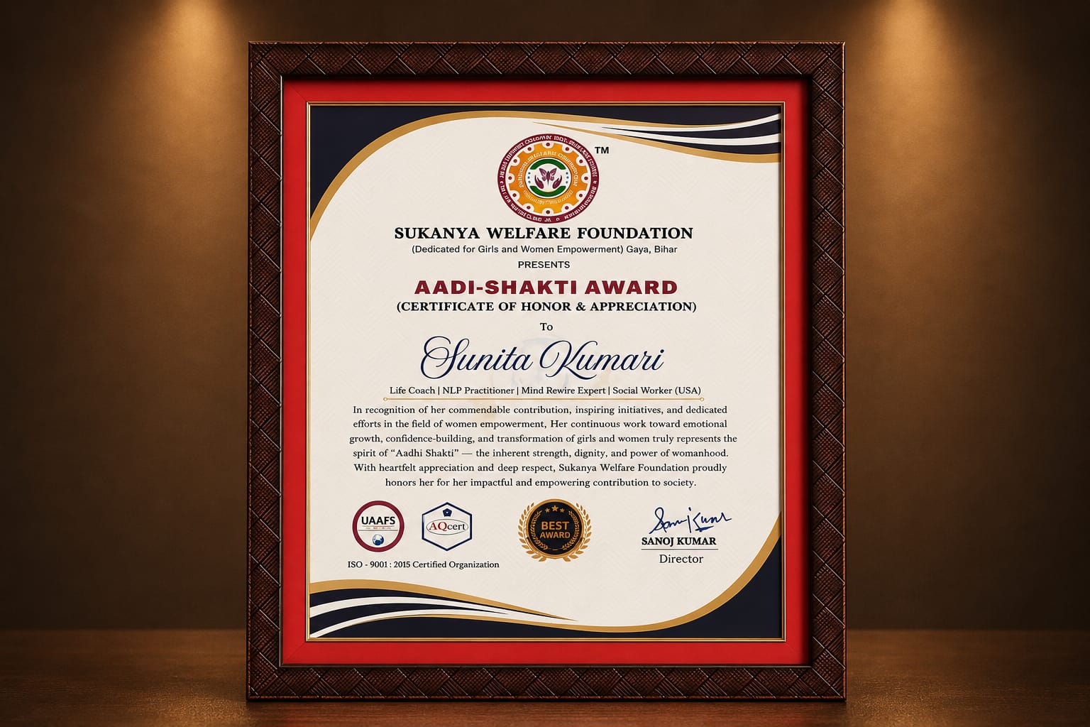 Aadi-Shakti Award certificate presented to Sunita Kumari by Sukanya Welfare Foundation, Gaya, Bihar